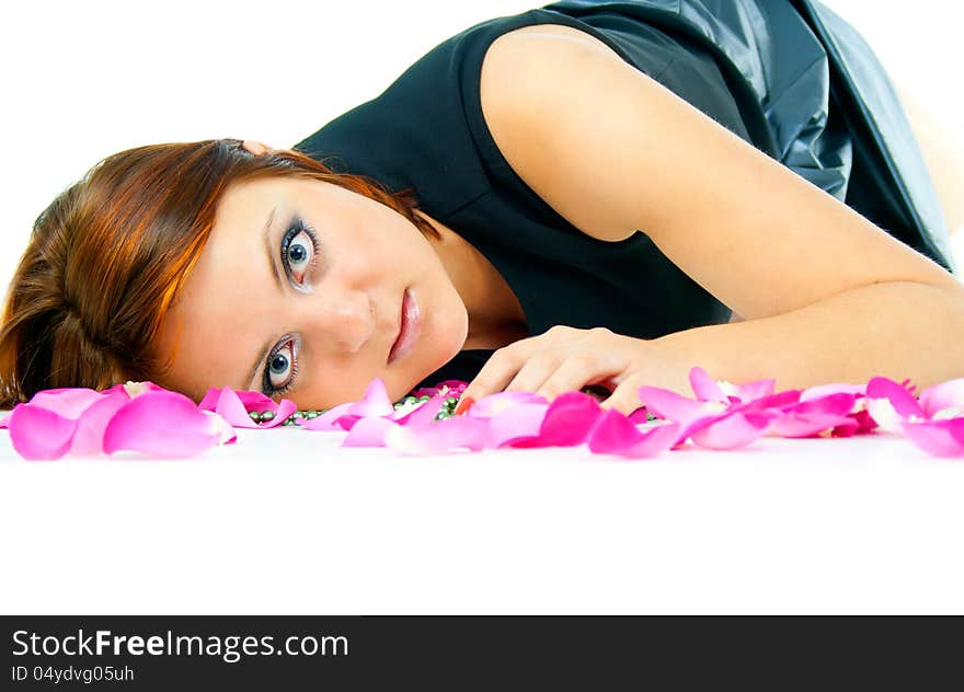 Beautiful Girl In Rose Petals Isolated