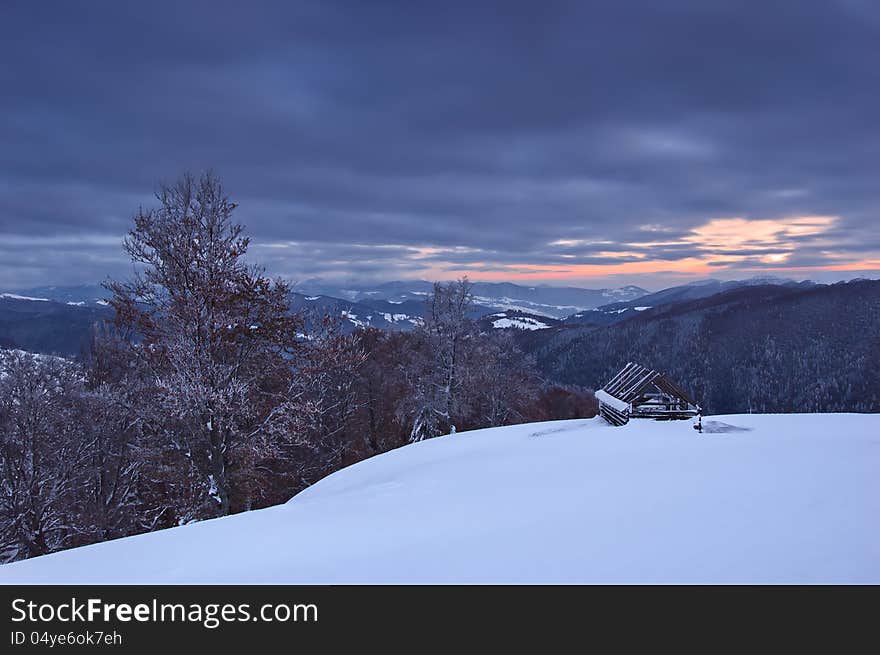 Evening in the mountains in winter