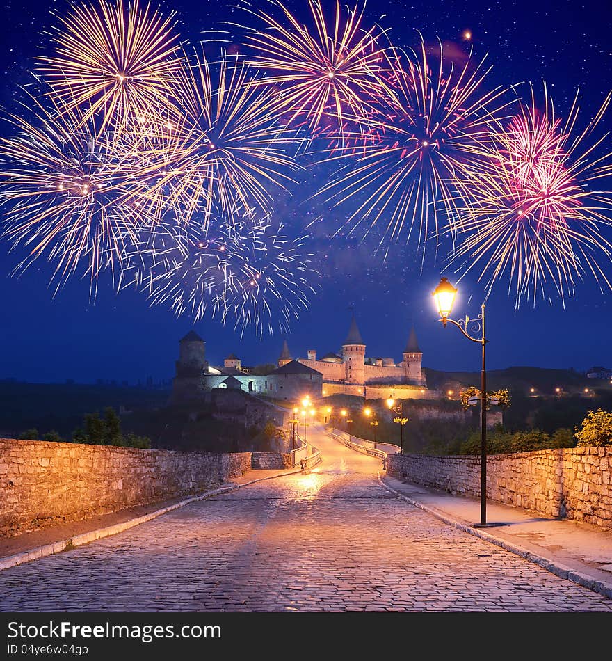 Fireworks over the castle in the town of Kamenetz-Podolsk, Ukraine