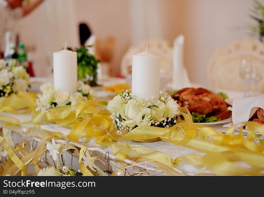 Banquet table with large white flowers beautifully decorated. Banquet table with large white flowers beautifully decorated