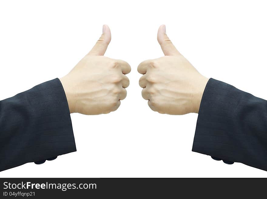 Business man's hand ,two thumb up isolated on withe background. Business man's hand ,two thumb up isolated on withe background.