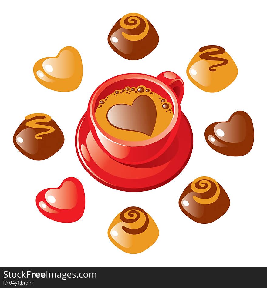 Cup of coffee and different heart-shaped chocolates. Set of Valentine Day icons. Cup of coffee and different heart-shaped chocolates. Set of Valentine Day icons.