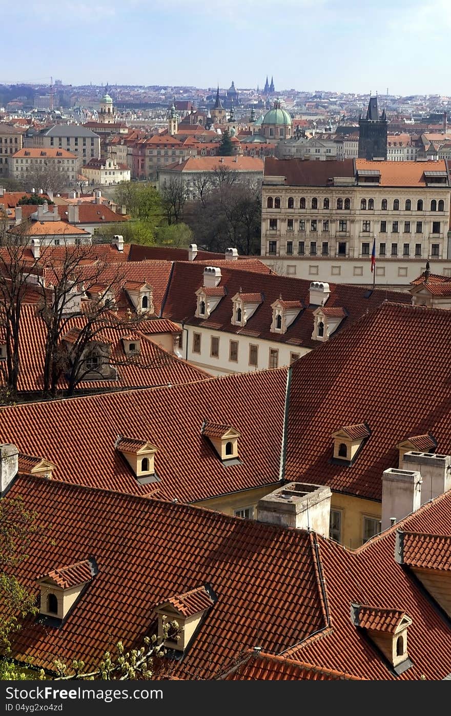 View over the red roofs of historic Prague, Czech Republic, Europe. View over the red roofs of historic Prague, Czech Republic, Europe