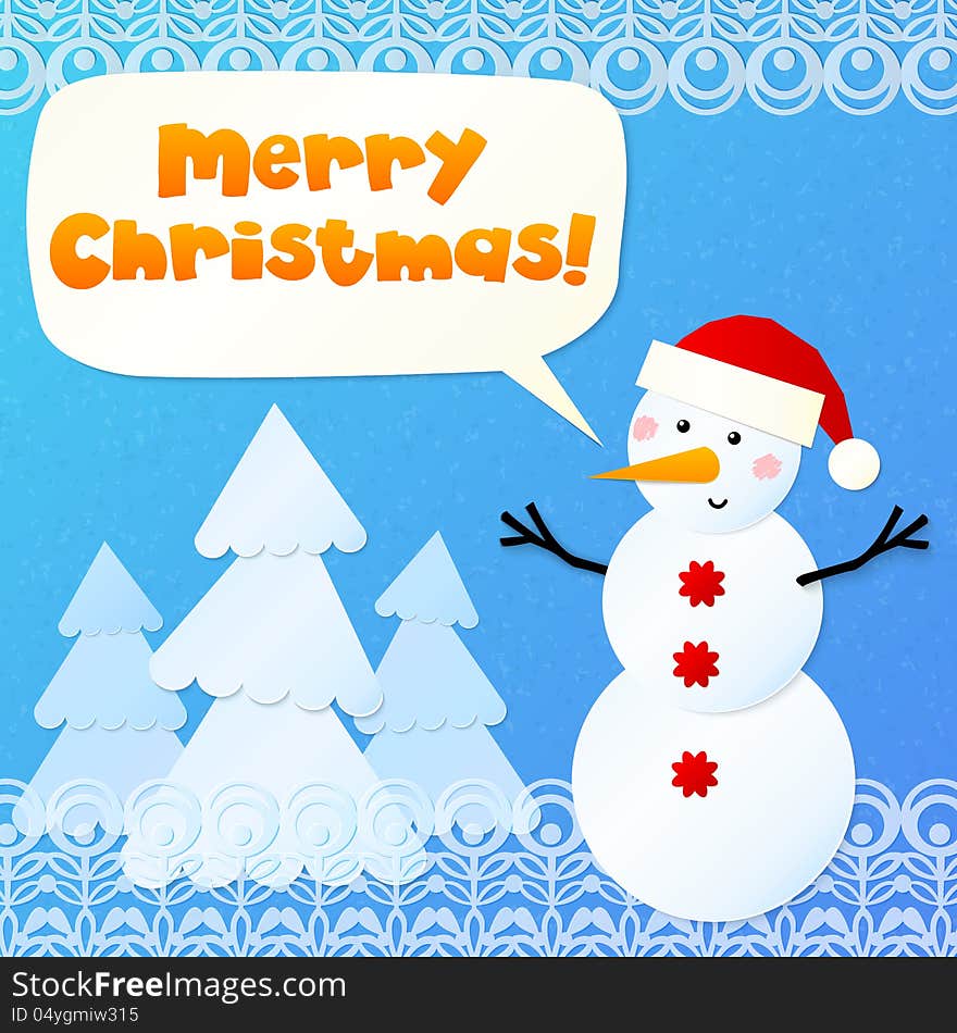 Paper snowman with blue trees and sign Merry Christmas. Paper snowman with blue trees and sign Merry Christmas