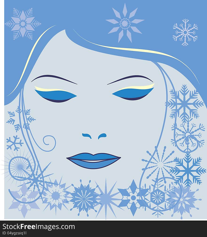 Girl face with snowflakes