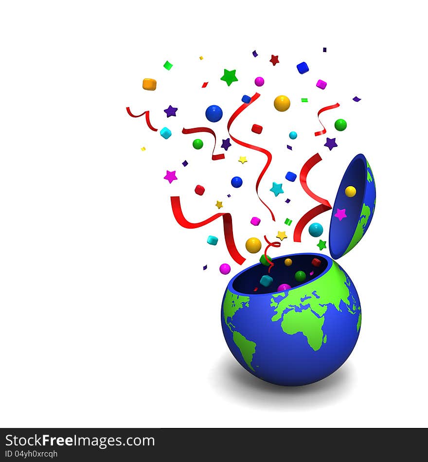 3D model of the Earth toy with splashed decoration to present a starting of international festival. 3D model of the Earth toy with splashed decoration to present a starting of international festival