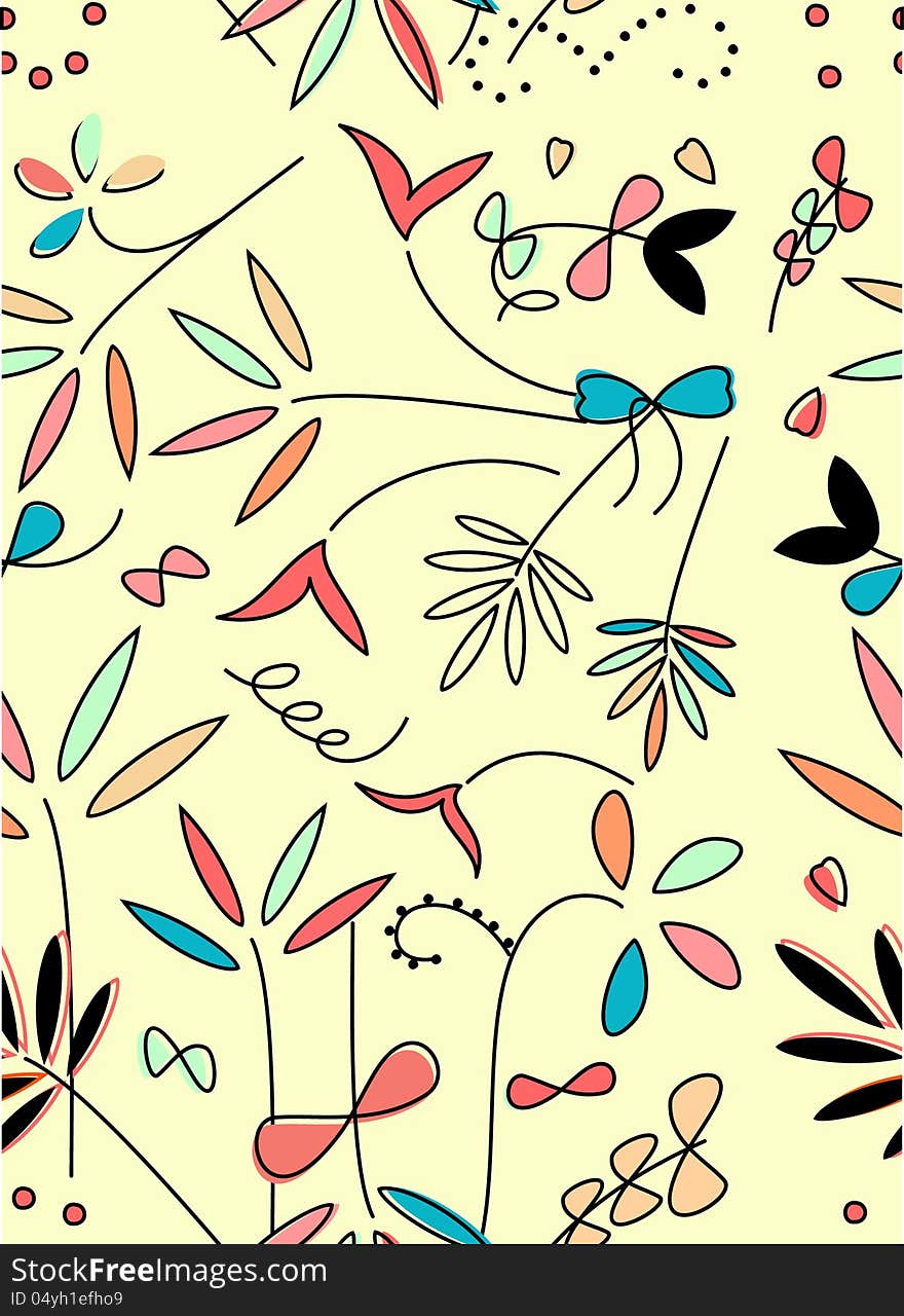 Floral seamless pattern on light yellow background, hand drawn elements. Floral seamless pattern on light yellow background, hand drawn elements