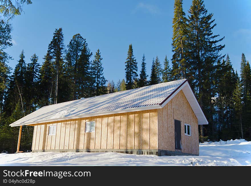 Recently constructed three country houses in wood in a sunny day against the blue sky