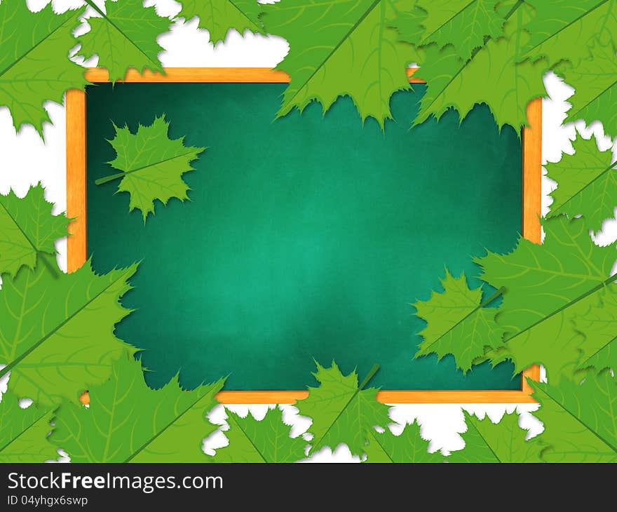 Illustration of green maple leaves on chalkboard background. Illustration of green maple leaves on chalkboard background.