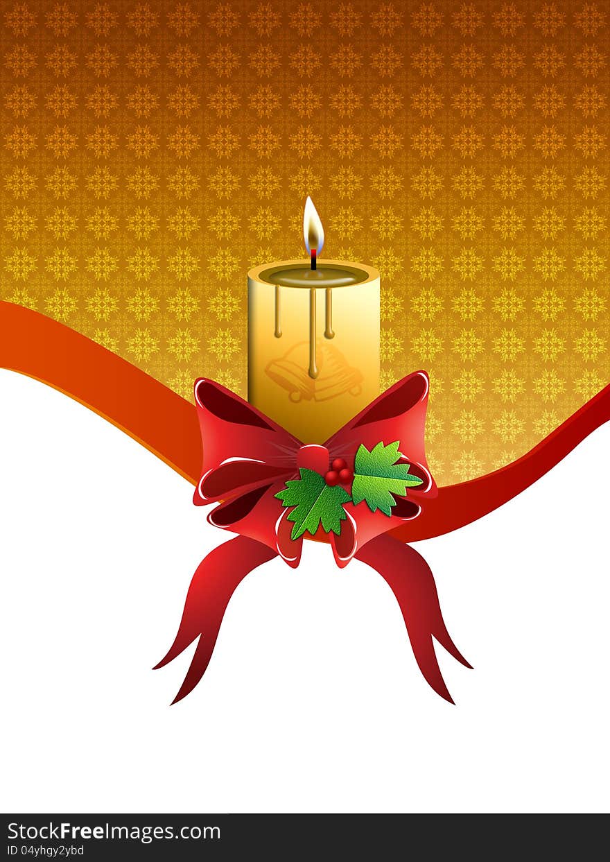 Illustration of Christmas candle on pattern background with red bow.