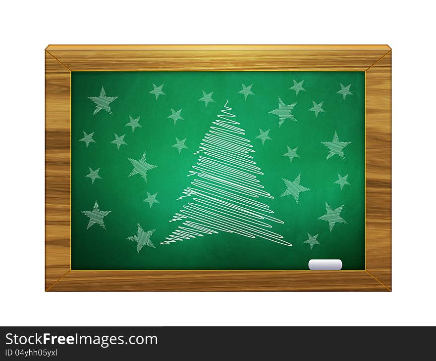 Illustration of Christmas tree and stars on green chalkboard. Illustration of Christmas tree and stars on green chalkboard.