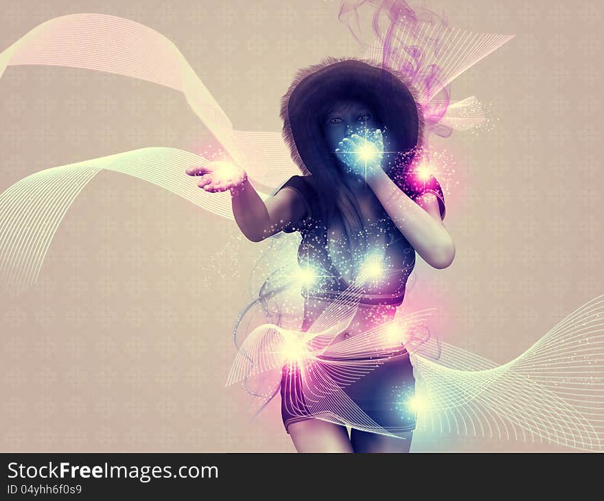 Illustration of a girl blowing magic sparks background. Illustration of a girl blowing magic sparks background.