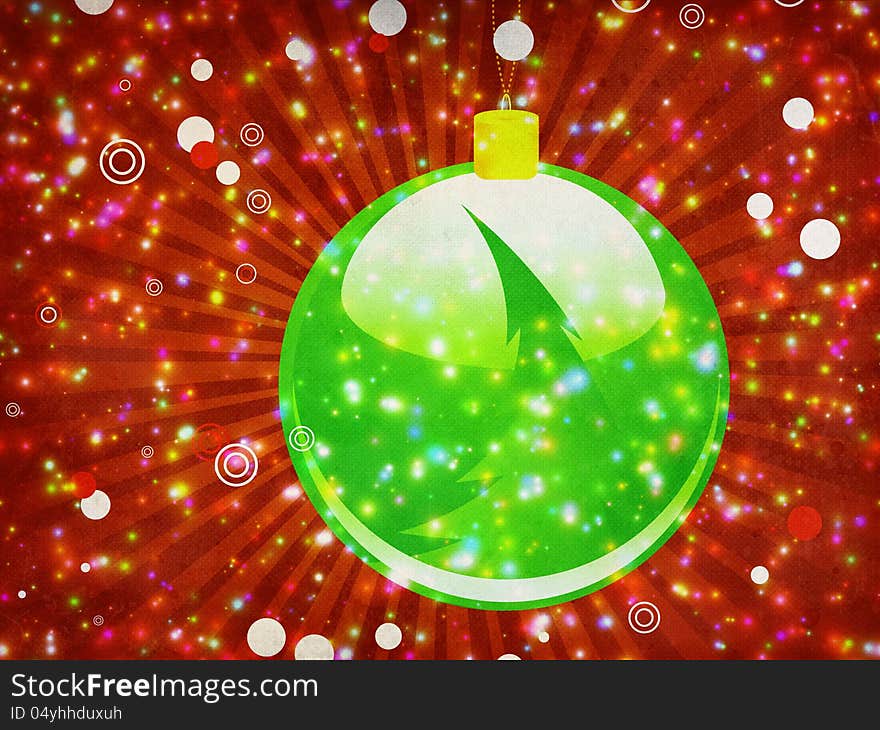 Illustration of green Christmas ball on abstract sprkle red background with rays. Illustration of green Christmas ball on abstract sprkle red background with rays.