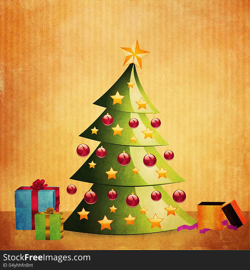 Illustration of grunge green Christmas tree with gift boxes background. Illustration of grunge green Christmas tree with gift boxes background.