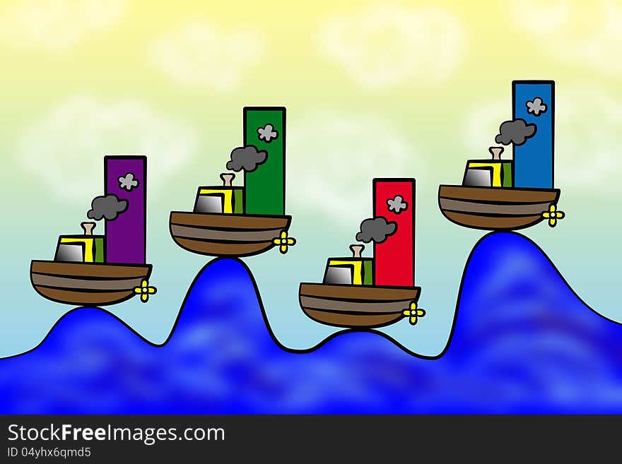 Illustration of four boats on top of the ocean waves forming a graph. Illustration of four boats on top of the ocean waves forming a graph