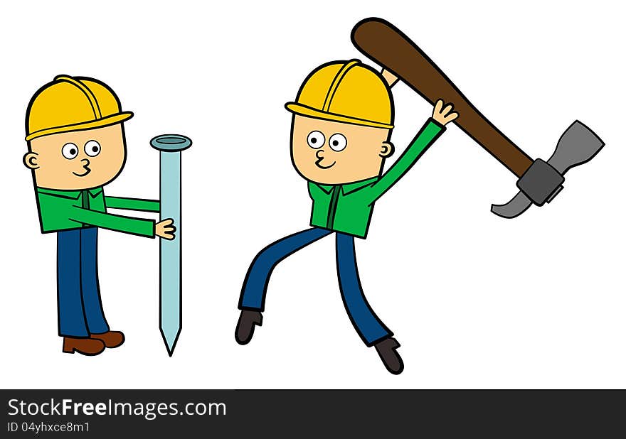 Illustration of two construction workers, one is holding a giant nail while the other carries a giant hammer. Illustration of two construction workers, one is holding a giant nail while the other carries a giant hammer