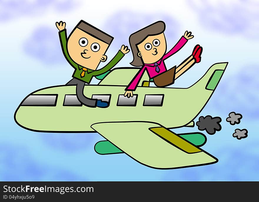 A cartoon illustration of a young business man and woman riding an airplane. A cartoon illustration of a young business man and woman riding an airplane