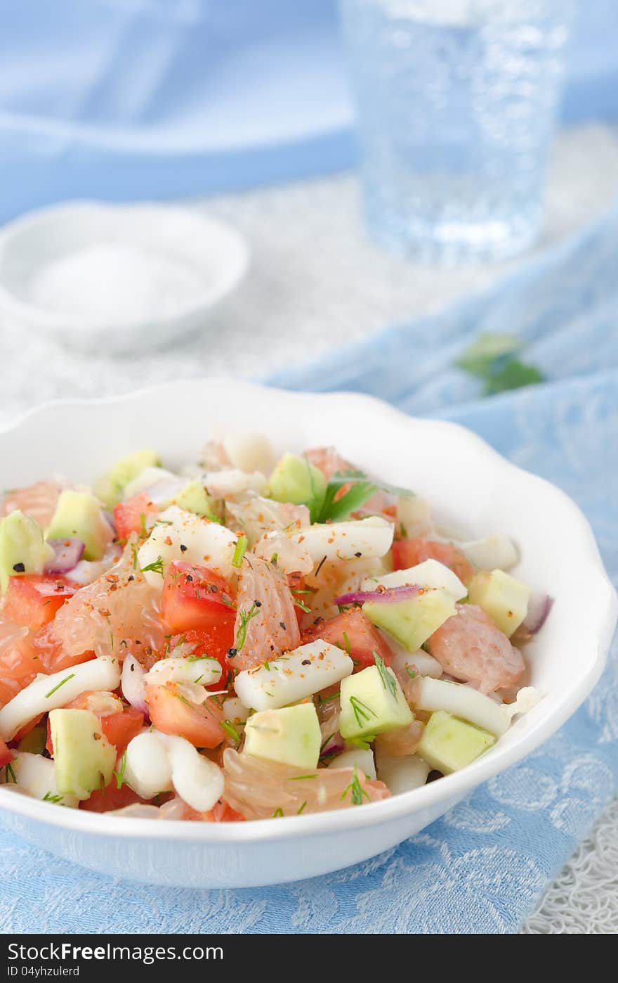 Bowl Of Salad With Squid, Avocado And Grapefruit