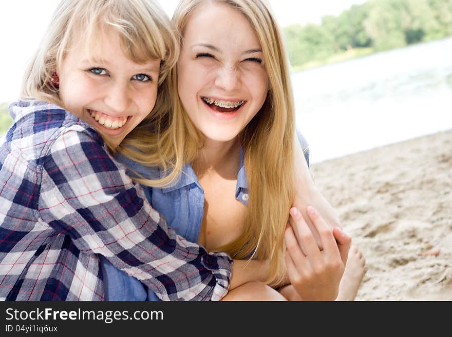 Smiling girlfriends