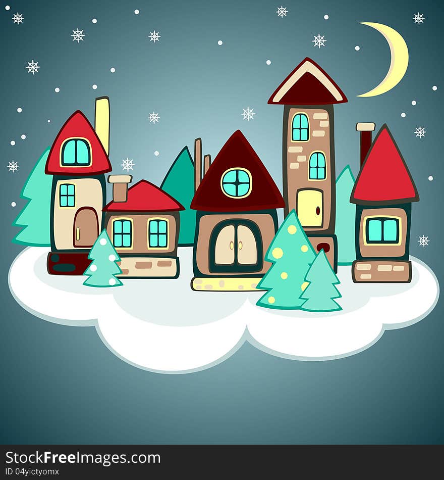 Group of cartoon houses and decorated fir trees on the cloud. Group of cartoon houses and decorated fir trees on the cloud