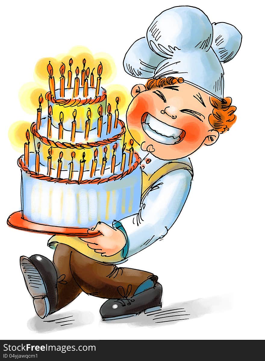 Chef holding a big cake with candles. Hand drawn