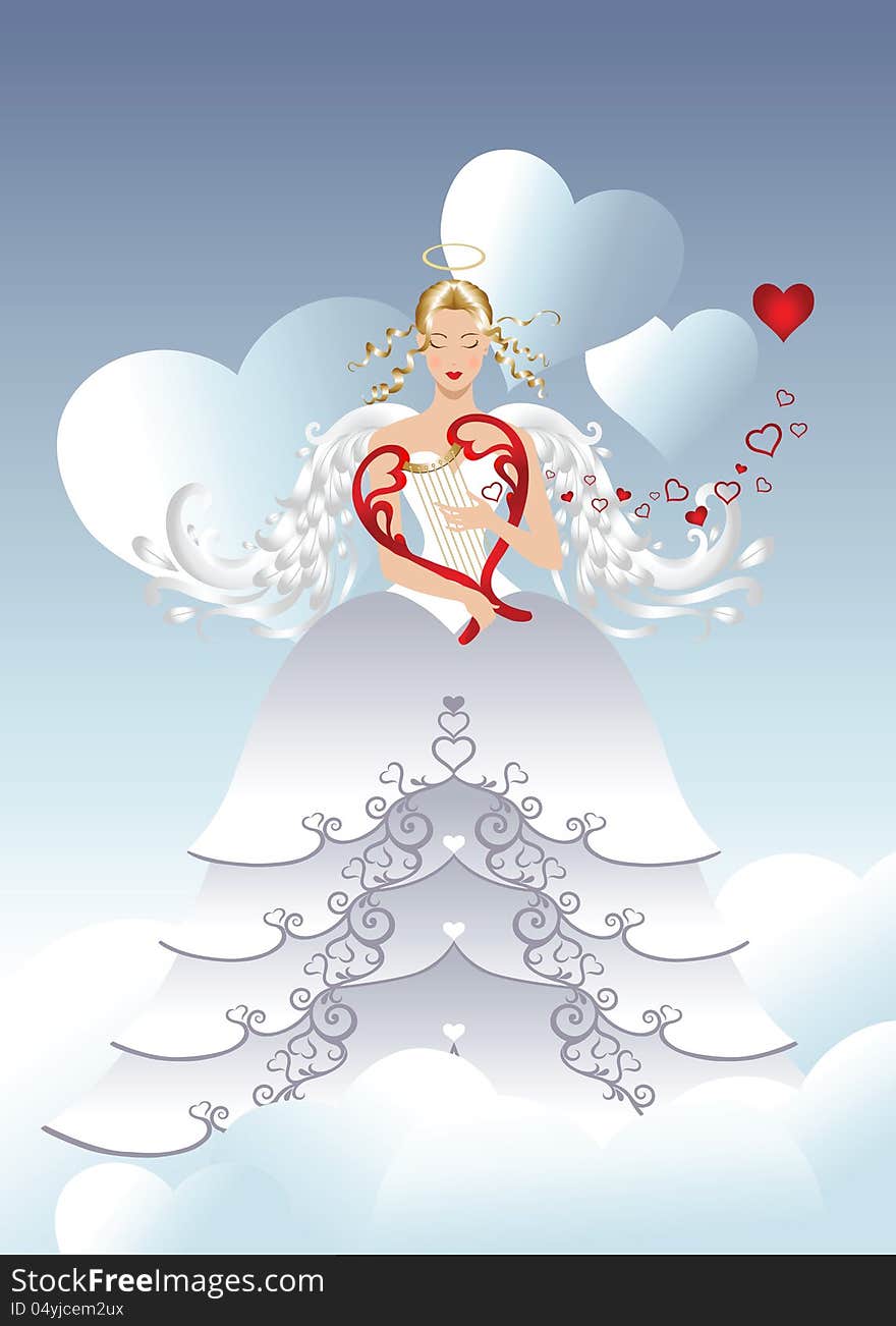 Illustration of a girl angel in a long whitish dress playing a red lyre in the shape of a heart. Music flows out as hearts. Sky background with heart shaped clouds. Illustration of a girl angel in a long whitish dress playing a red lyre in the shape of a heart. Music flows out as hearts. Sky background with heart shaped clouds.