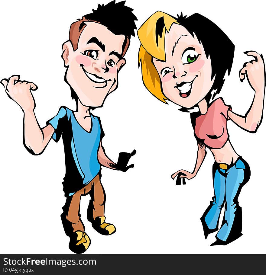 The illustration shows a boy and a girl. Young couple expresses positive emotions.  Illustration done in the style of comics. The illustration shows a boy and a girl. Young couple expresses positive emotions.  Illustration done in the style of comics.