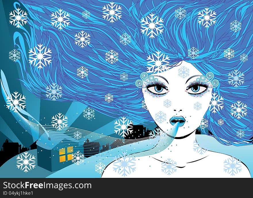 Illustration of abstract winter girl with blue hair and small town. Illustration of abstract winter girl with blue hair and small town.