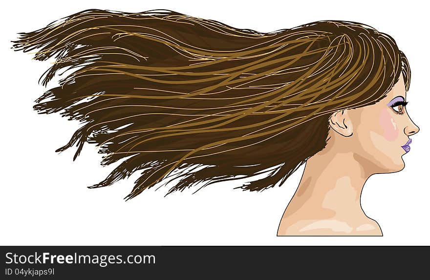 Illustration of side-view portrait of girl with long brown hair. Illustration of side-view portrait of girl with long brown hair.