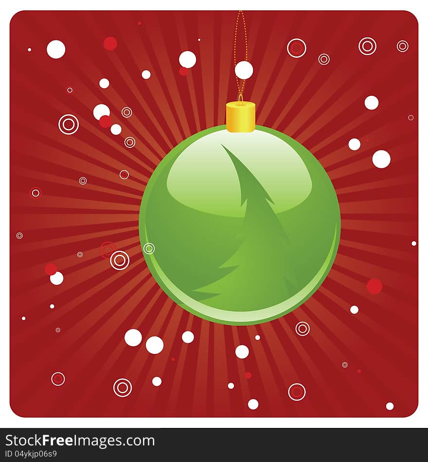 Illustration of green Christmas ball on abstract red background with rays. Illustration of green Christmas ball on abstract red background with rays.