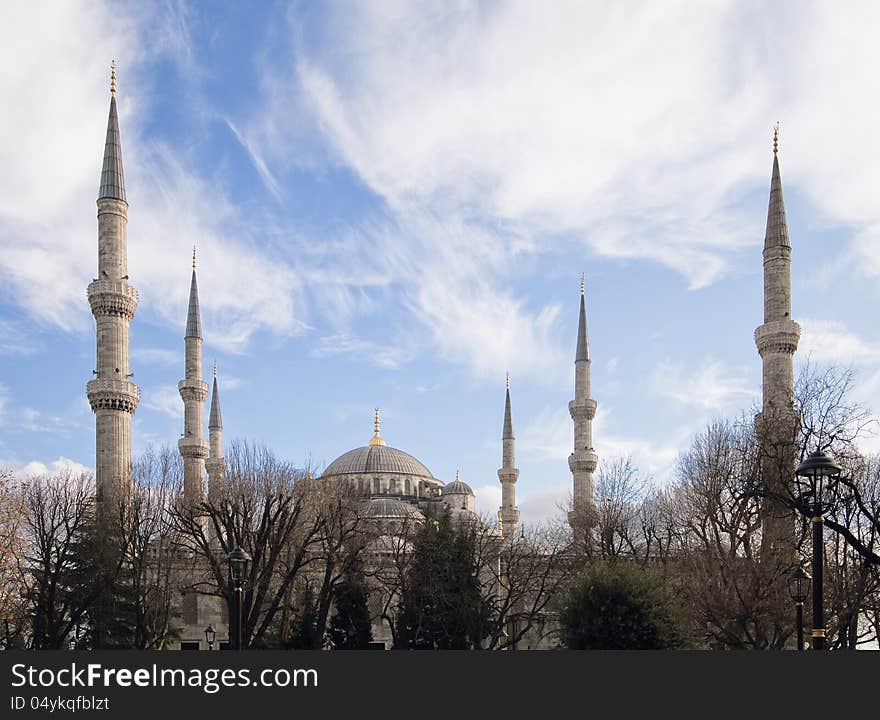 Minarets of Blue mosque in Istanbul against blue sky