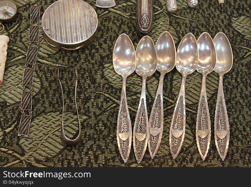 Six silver teaspoons and another old silver pieces. Six silver teaspoons and another old silver pieces