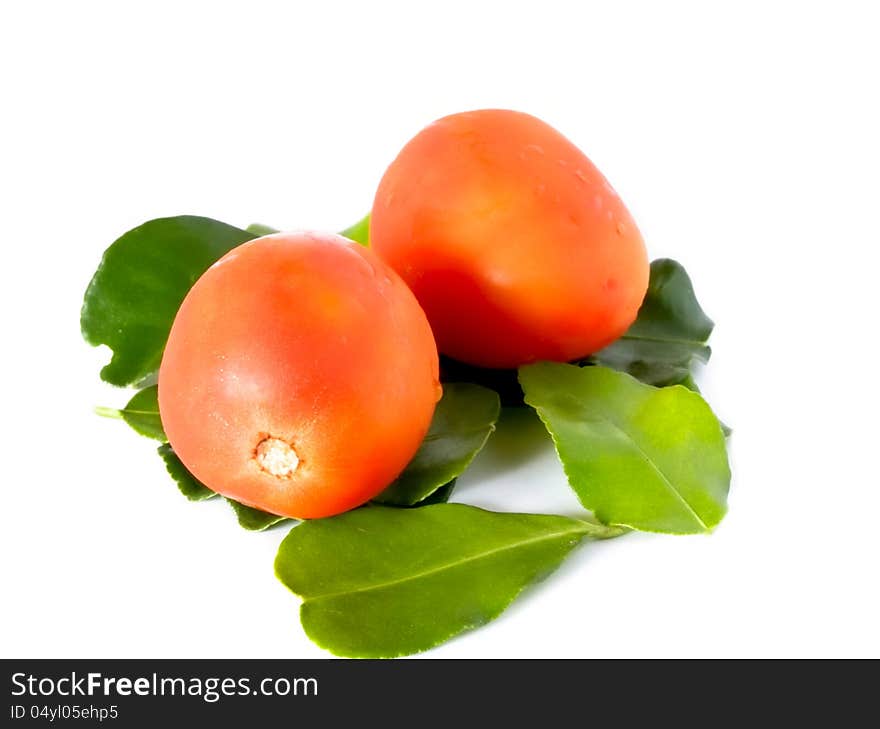 Tomato and kaffir lime leaves on white background