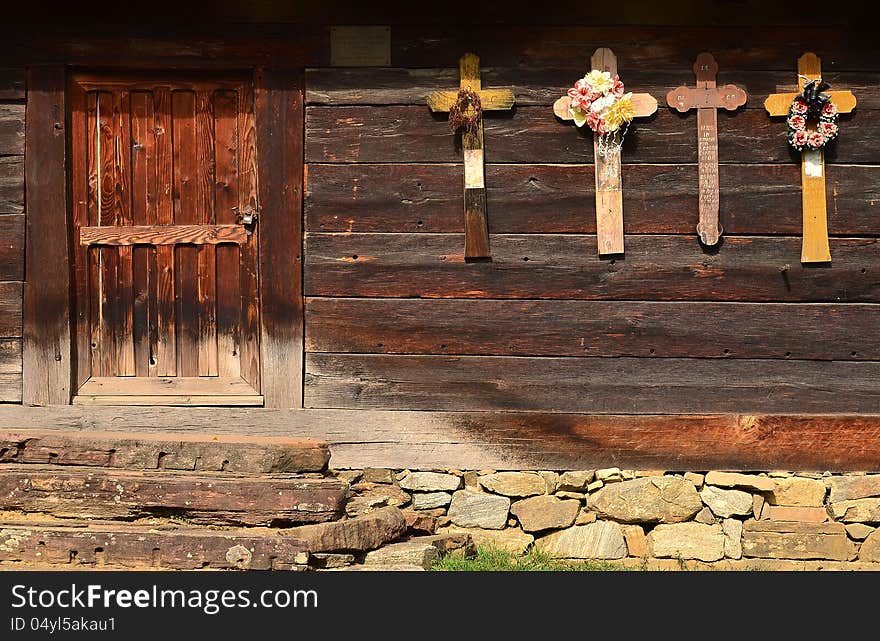 Photo of a a wooden church entrance and wall