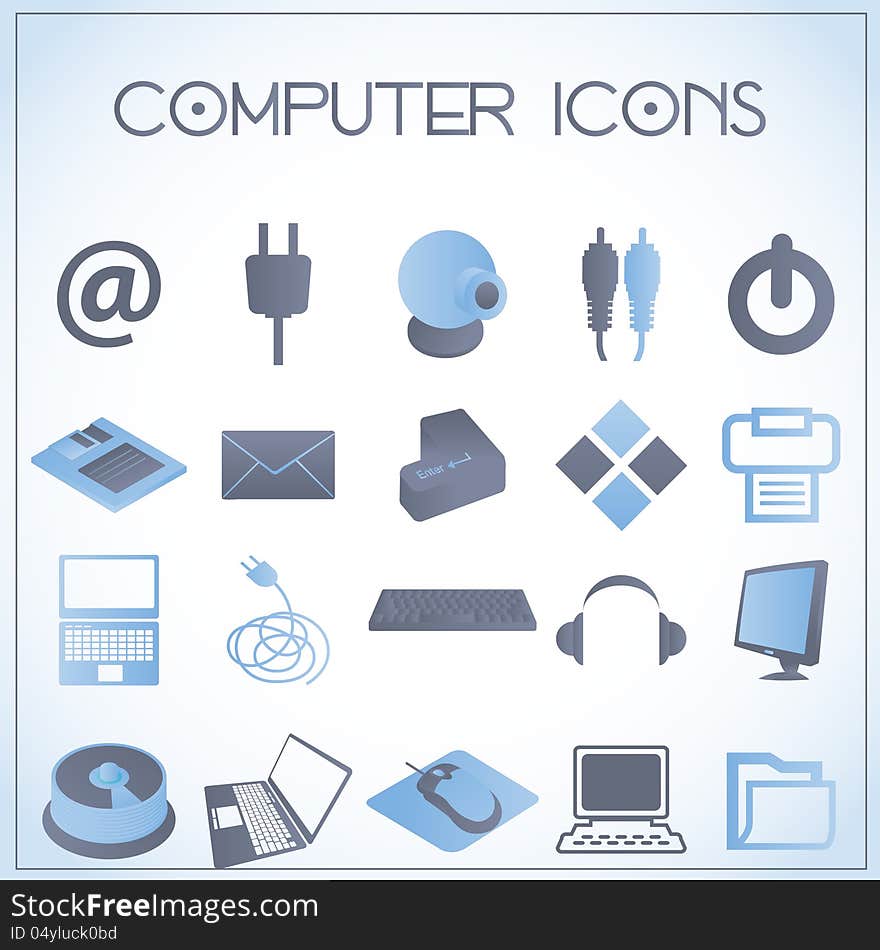 Vector illustration of computer icons on white-blue background