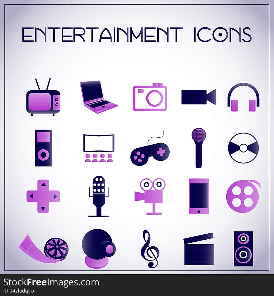 Vector illustration of entertainment icons on white-purple background