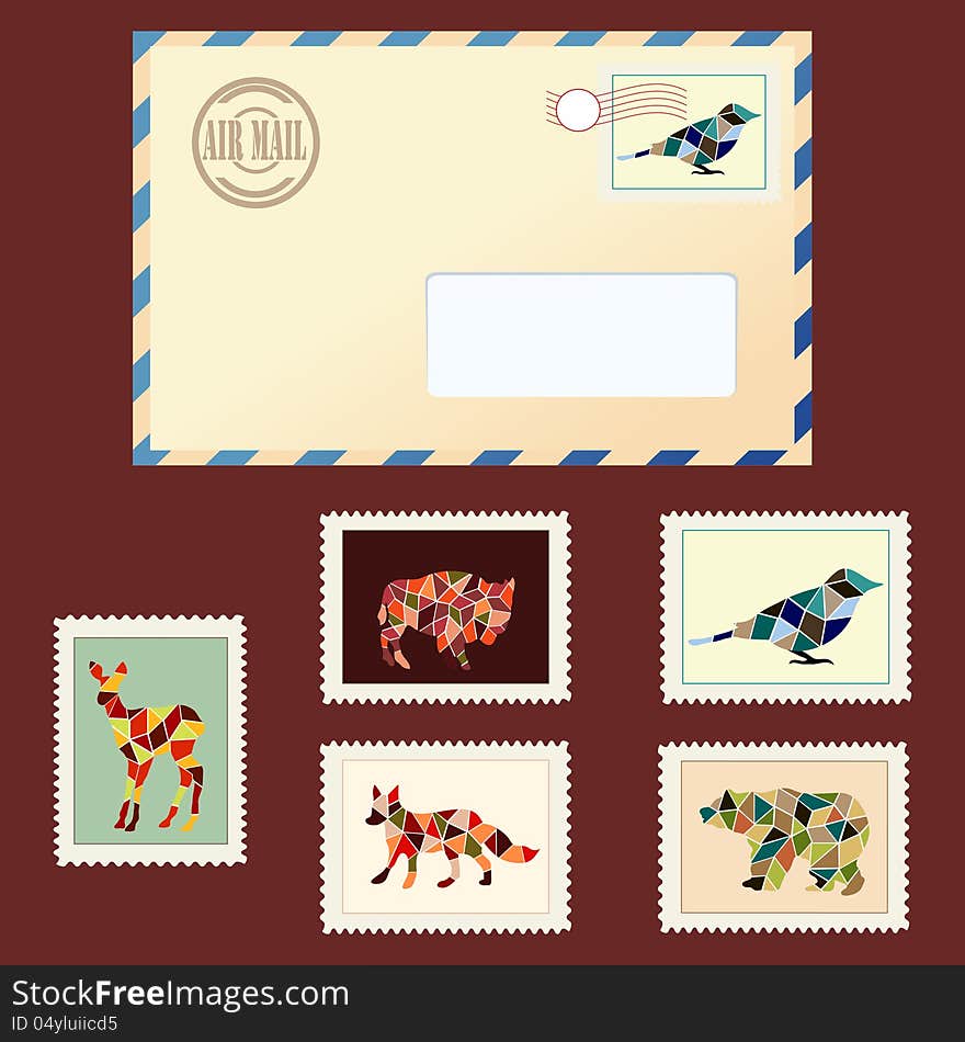 Vector illustration of an envelope and stamps