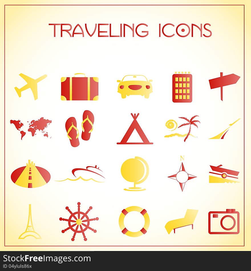 Vector illustration of traveling icons on white-yellow background