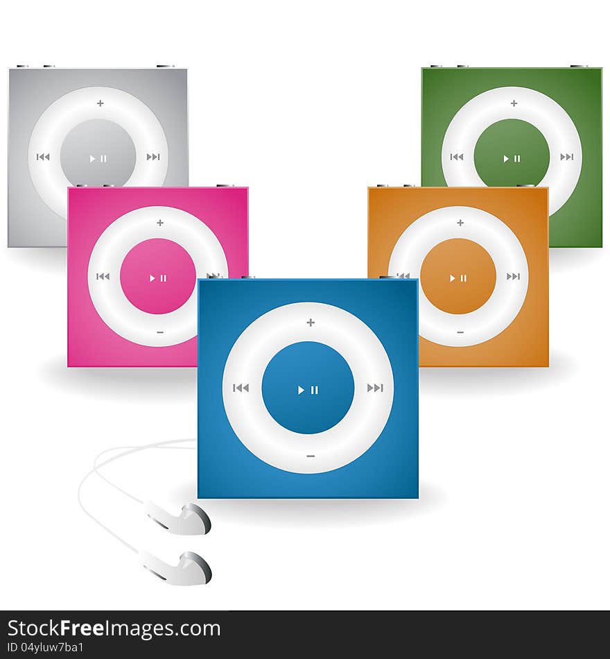 Vector realistic media players with earphones on white background. Vector realistic media players with earphones on white background