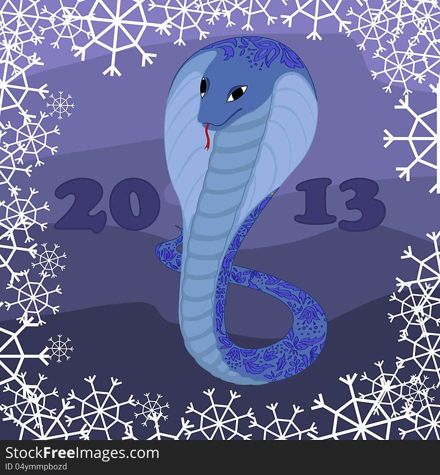 Vector background with blue snake with floral pattern with snow