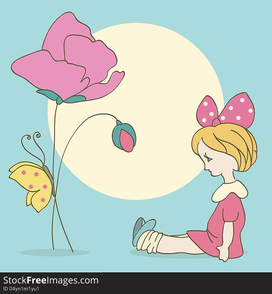 Invitation card with girl and flowers, butterfly. Invitation card with girl and flowers, butterfly