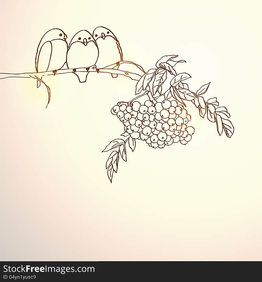 Winter background with birds on branch