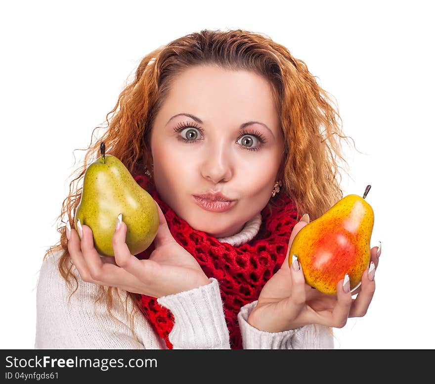 Red-haired girl with a pears isolated on white