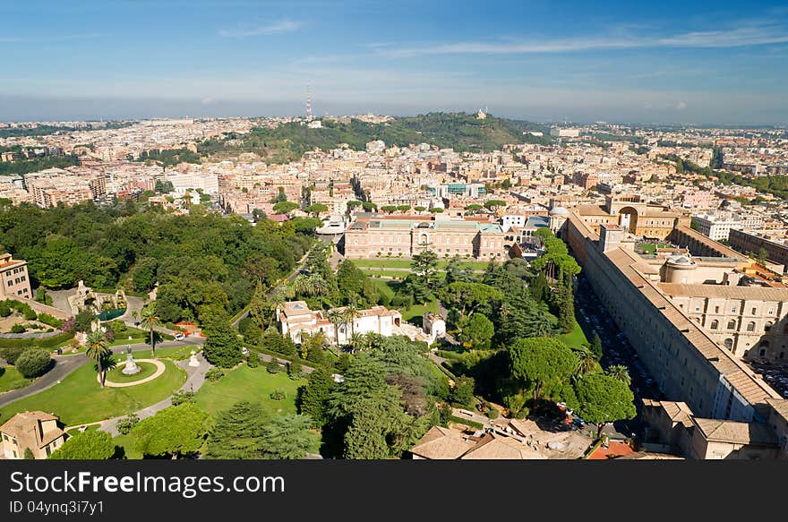 View of Rome cityscape from the dome of St Peter basilica