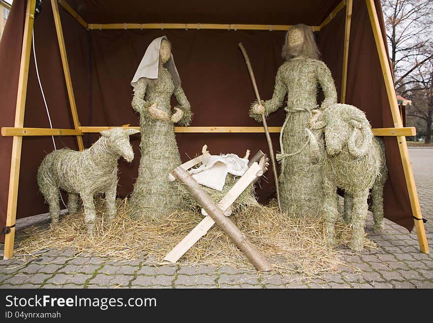 Christmas nativity scene with life-size figures in straw. Christmas nativity scene with life-size figures in straw