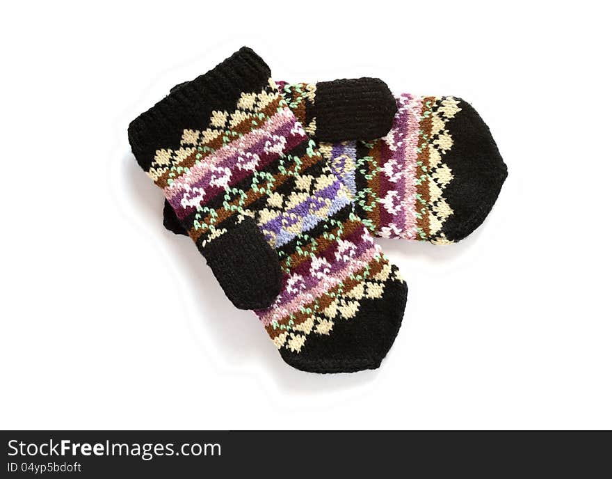 Pair of nice wool mittens on white background