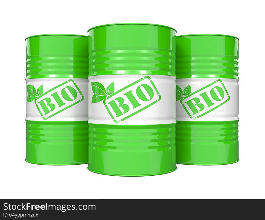 Fuel of a Biological Origin Concept. Three Green Barrels on White Background.