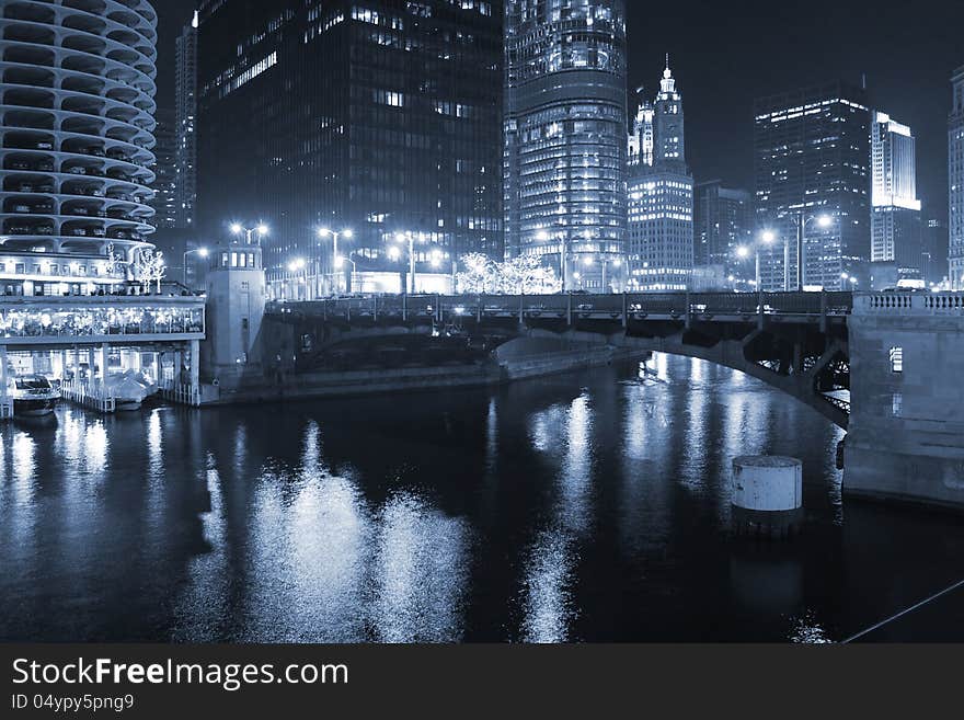 Downtown Chicago at night along the Chicago River