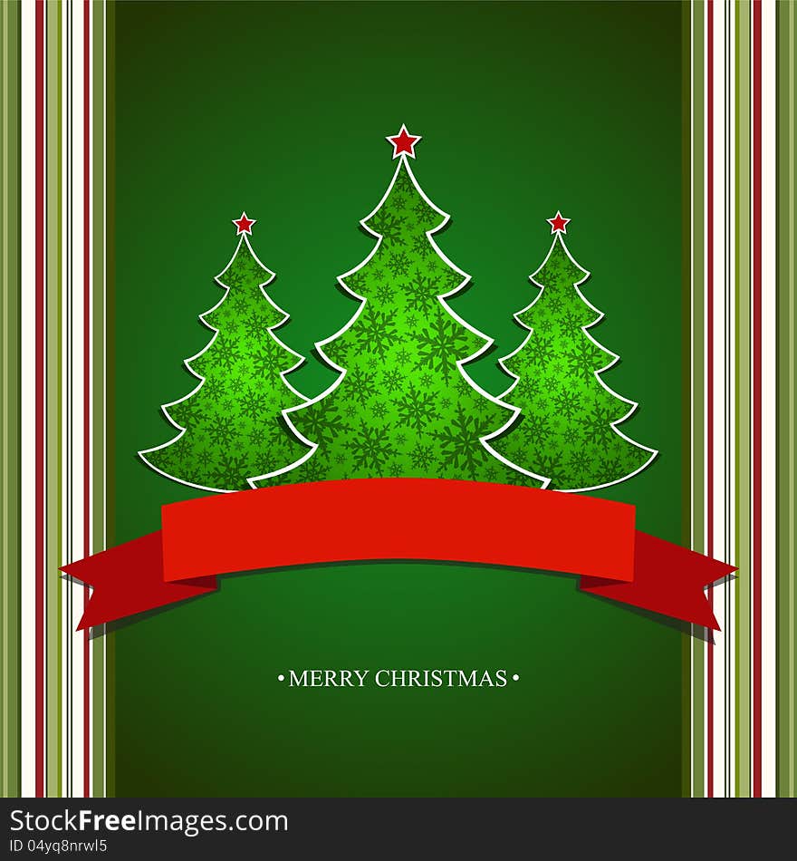 Christmas card with a green tree and the red ribbon