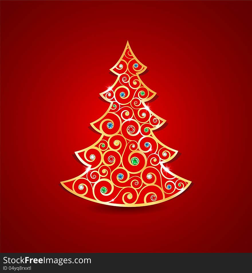 Vector Christmas card with the golden tree. Vector Christmas card with the golden tree